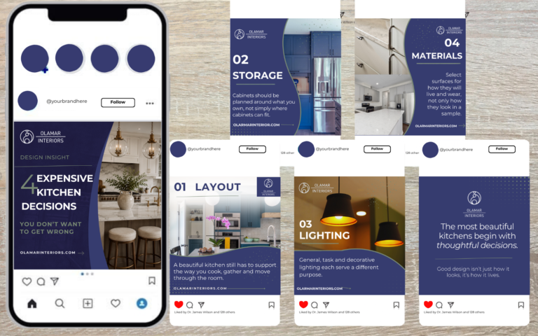 Layout of Olamar Interiors' social media content created by District Consulting
