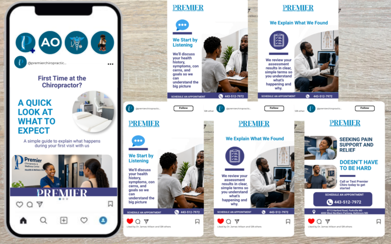 Layout of Premier Chiropractic's social media carousel content created by District Consulting